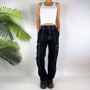 Vintage Y2K Grunge Style Black Baggy High Waisted Indie Wide Leg Cargo Jeans / M